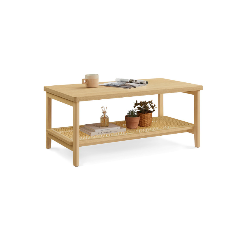 2-Tier Coffee Table with PVC Rattan Storage Shelf