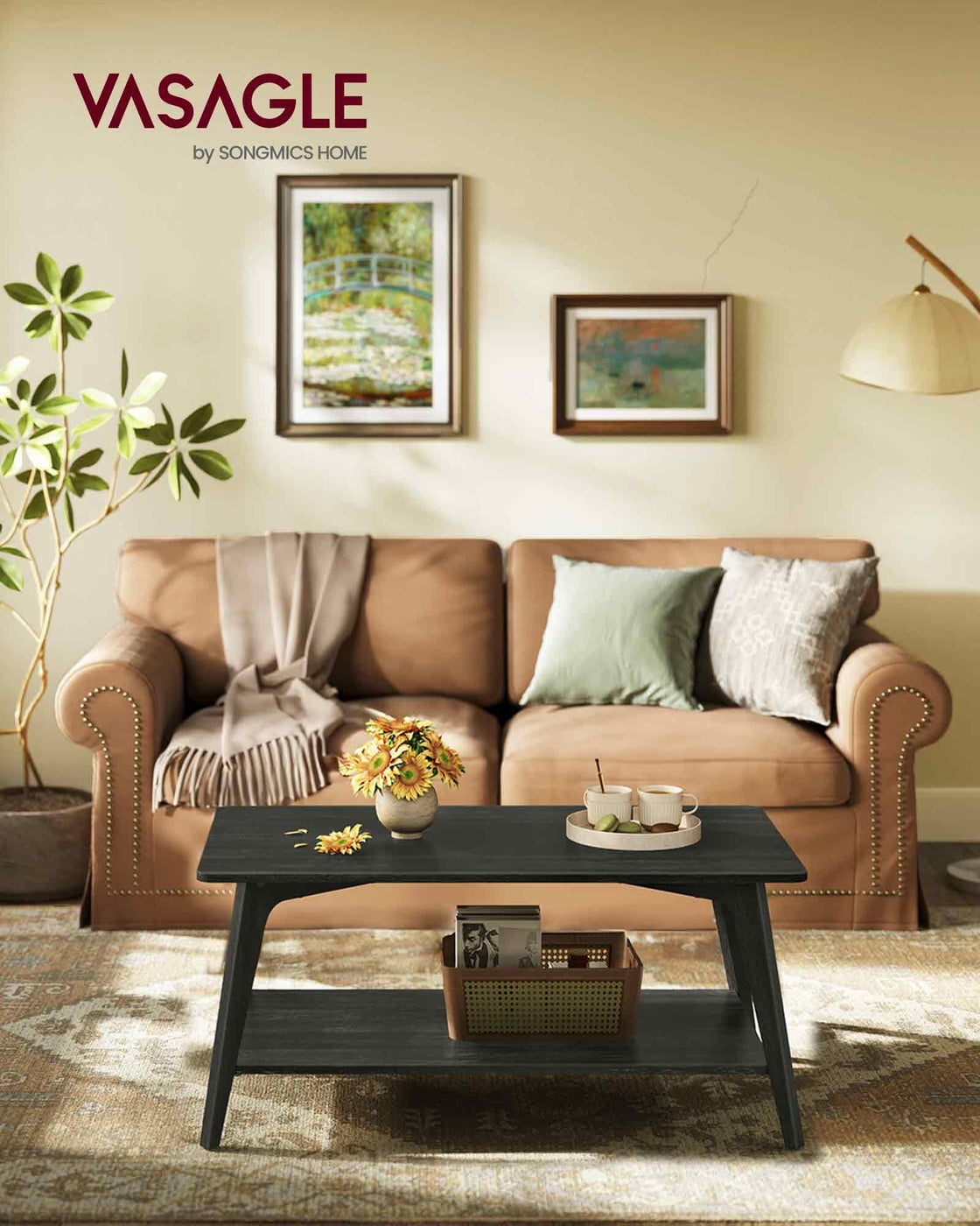 Coffee Table, 2-Tier Living Room Table with Storage, Center Table with Rounded Corners - HWLEXTRA 