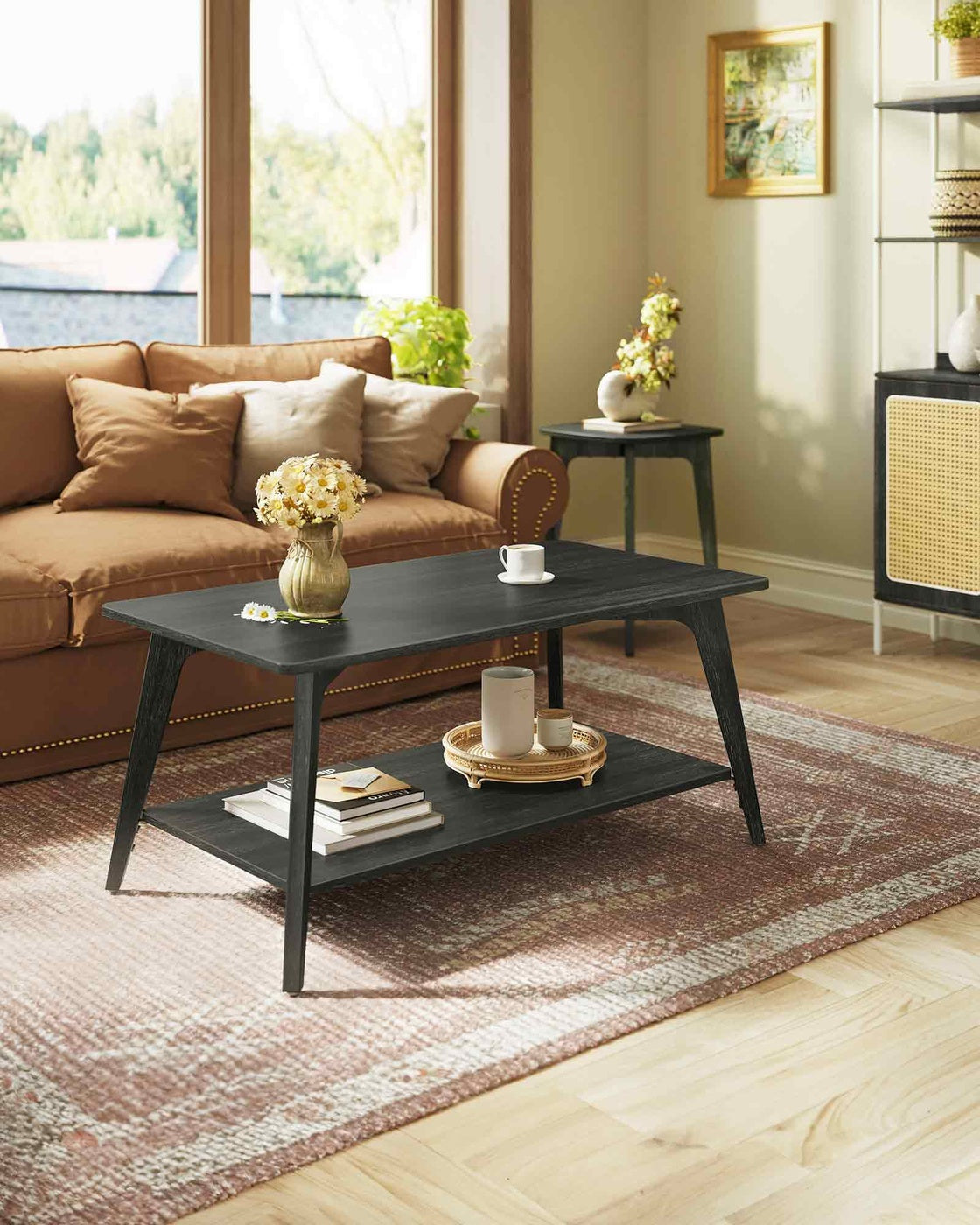 Coffee Table, 2-Tier Living Room Table with Storage, Center Table with Rounded Corners - HWLEXTRA 