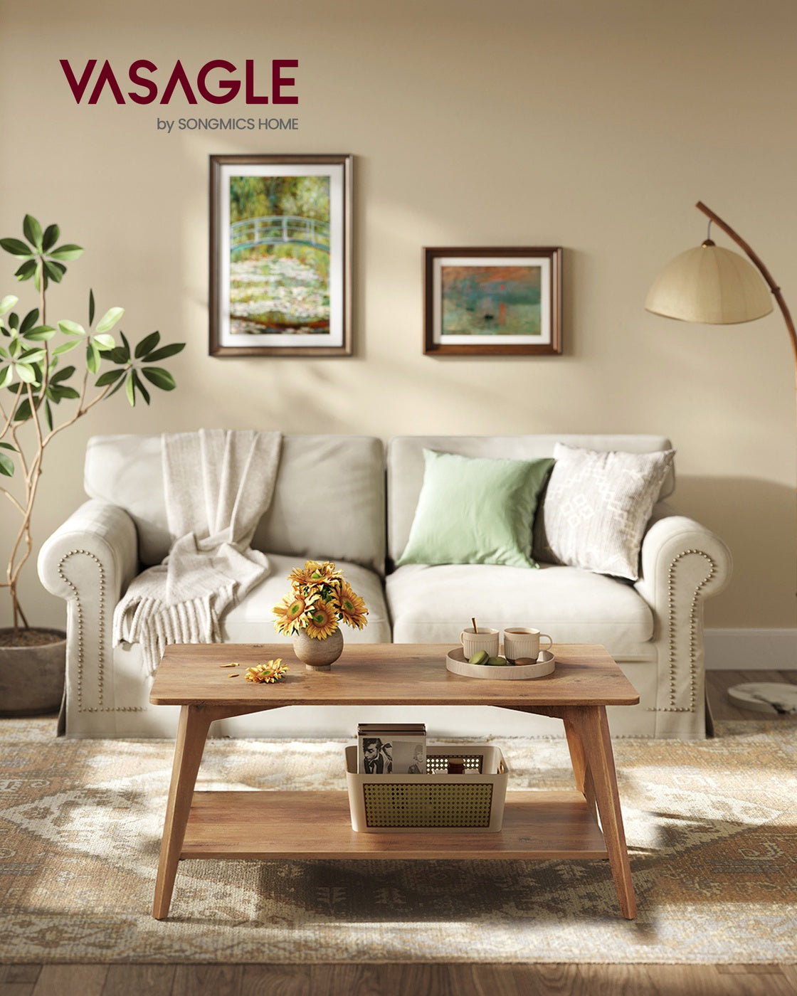 Coffee Table, 2-Tier Living Room Table with Storage, Center Table with Rounded Corners - HWLEXTRA 