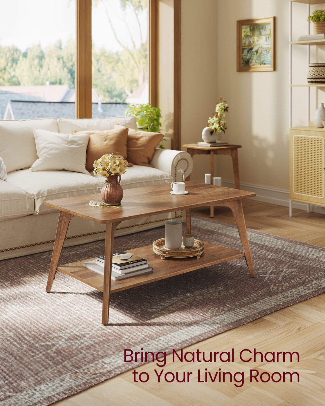 Coffee Table, 2-Tier Living Room Table with Storage, Center Table with Rounded Corners - HWLEXTRA 