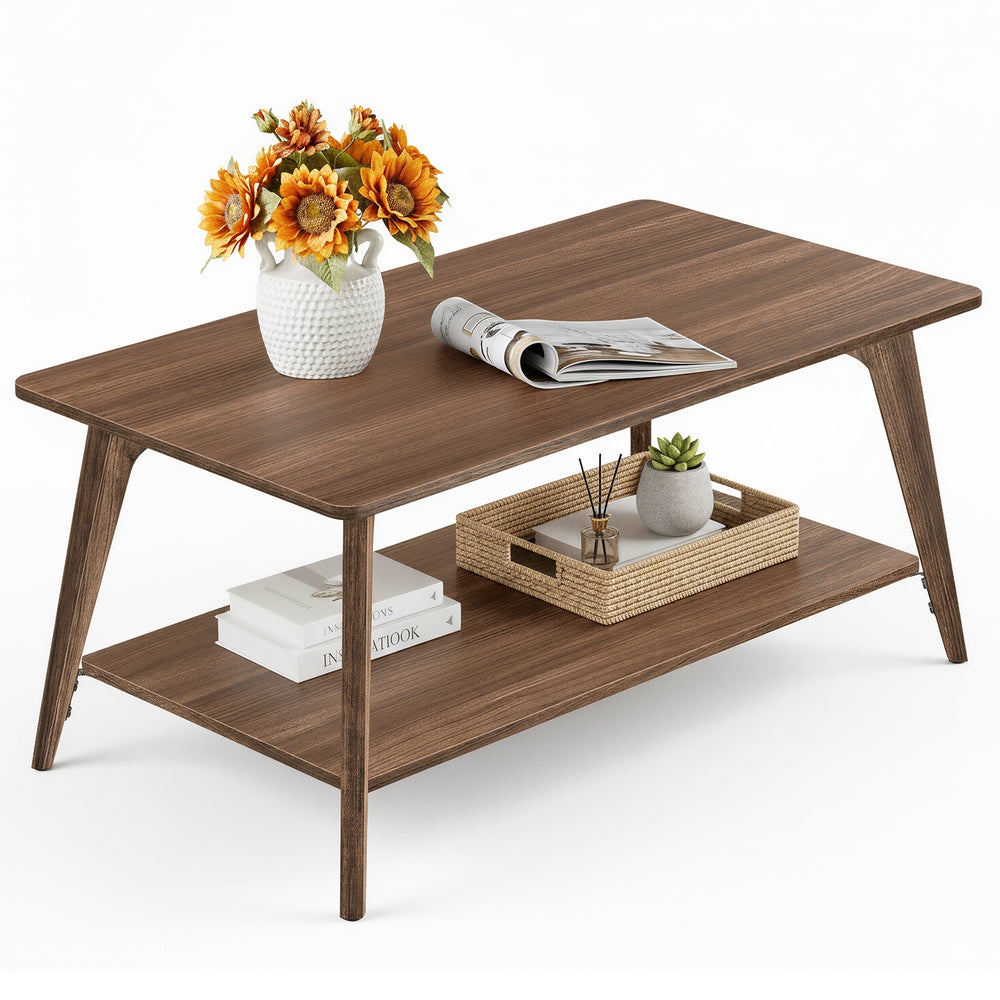 Coffee Table, 2-Tier Living Room Table with Storage, Center Table with Rounded Corners - Brown