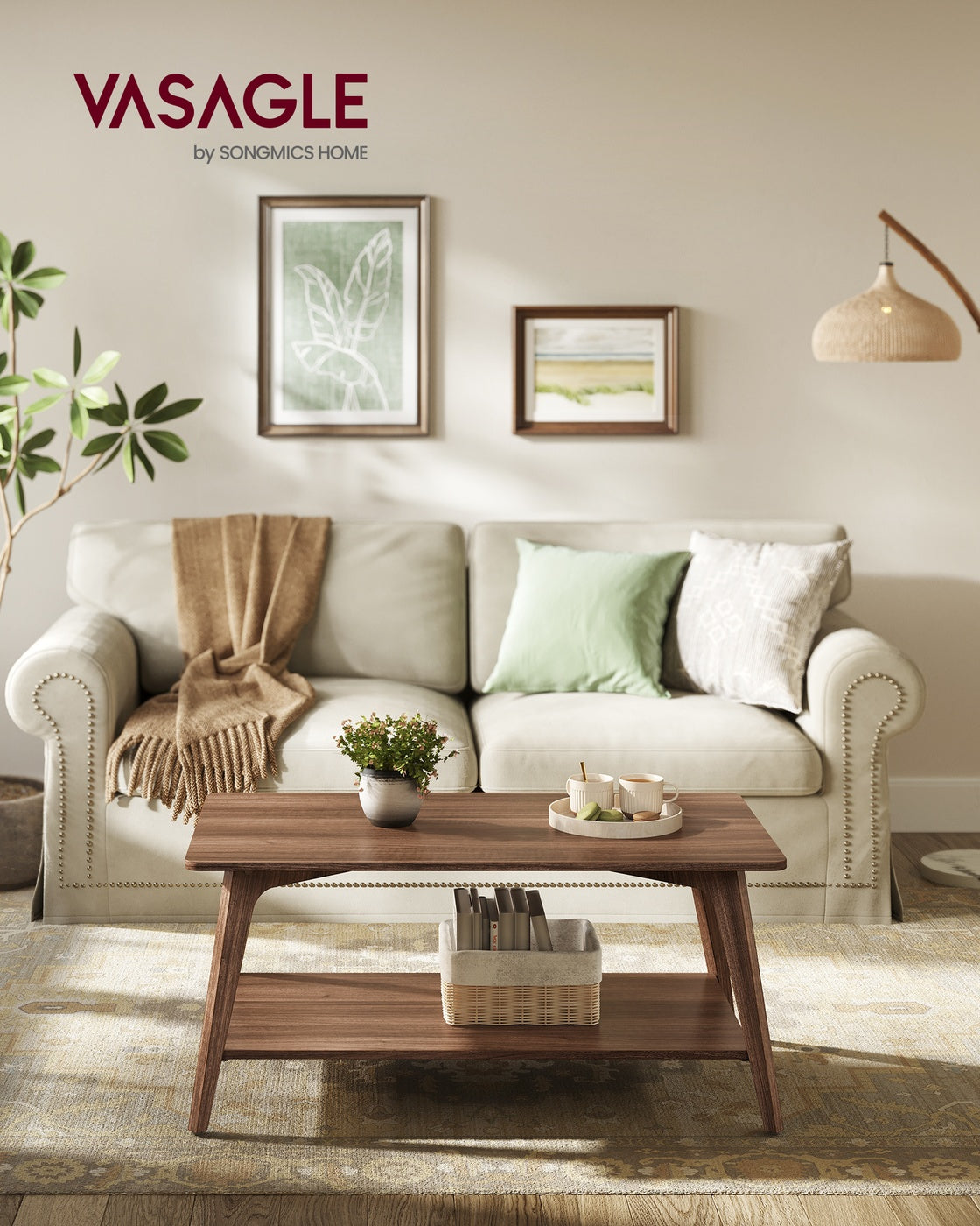 Coffee Table, 2-Tier Living Room Table with Storage, Center Table with Rounded Corners