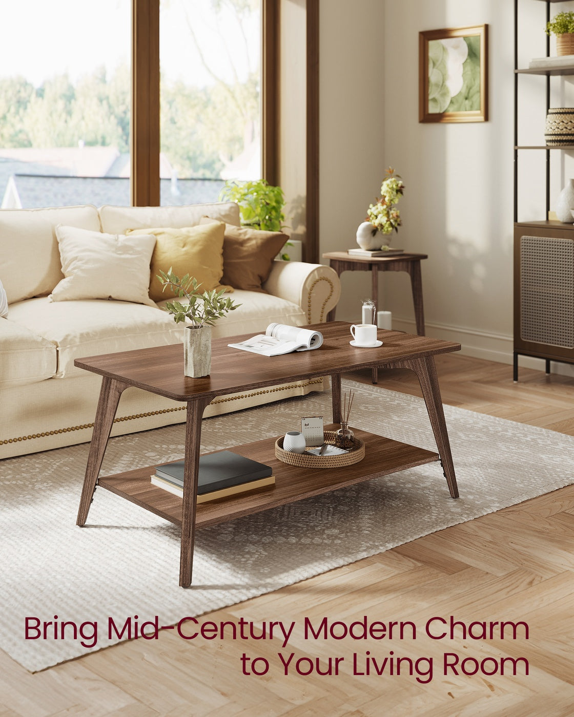 Coffee Table, 2-Tier Living Room Table with Storage, Center Table with Rounded Corners