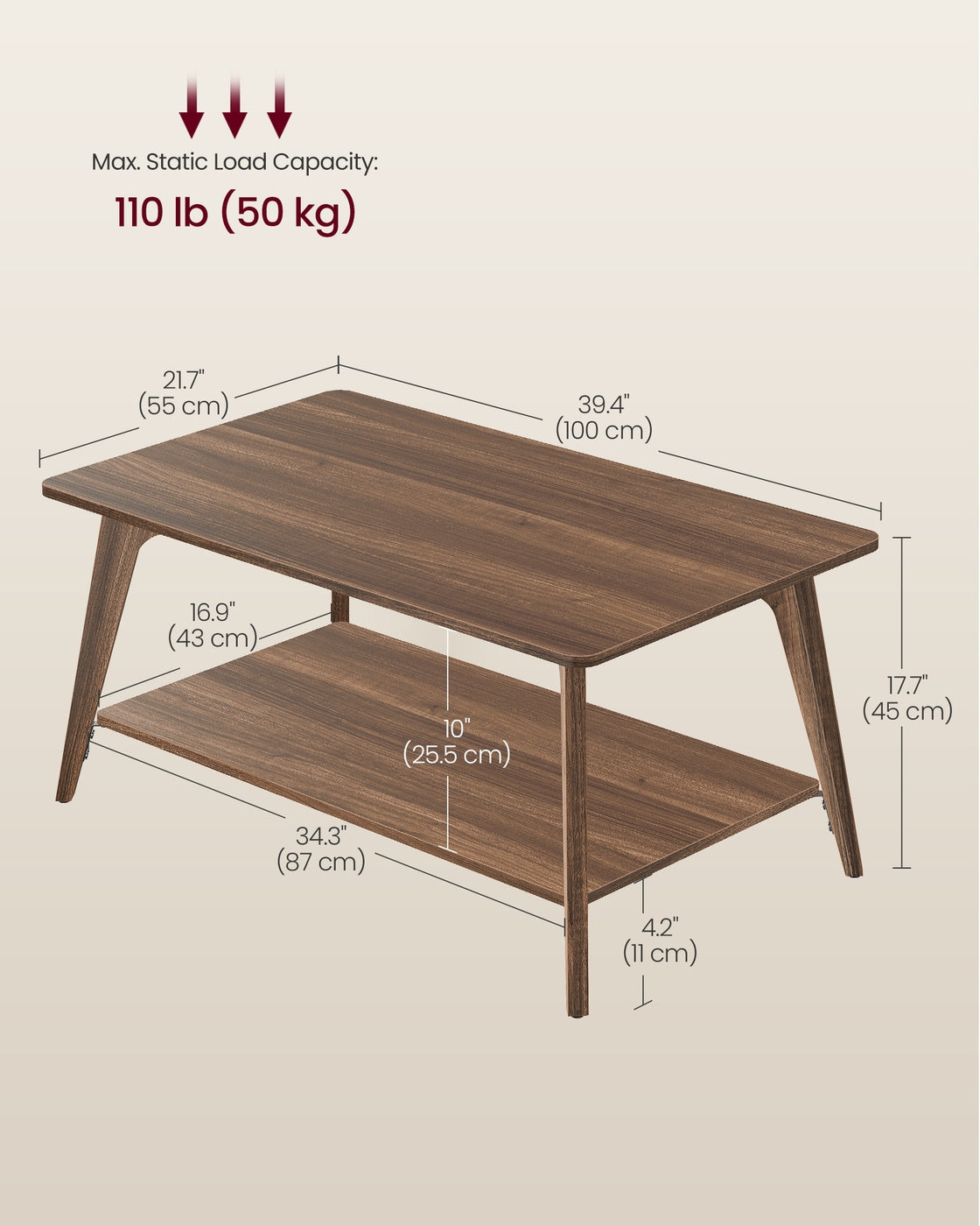 Coffee Table, 2-Tier Living Room Table with Storage, Center Table with Rounded Corners