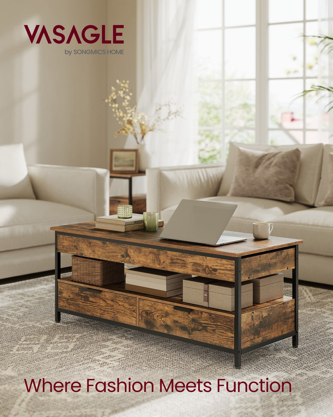Lift Top Coffee Table with Hidden Compartments Rustic Brown and Ink Black - image 2