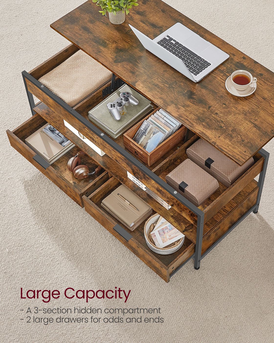 Lift Top Coffee Table with Hidden Compartments Rustic Brown and Ink Black - image 4