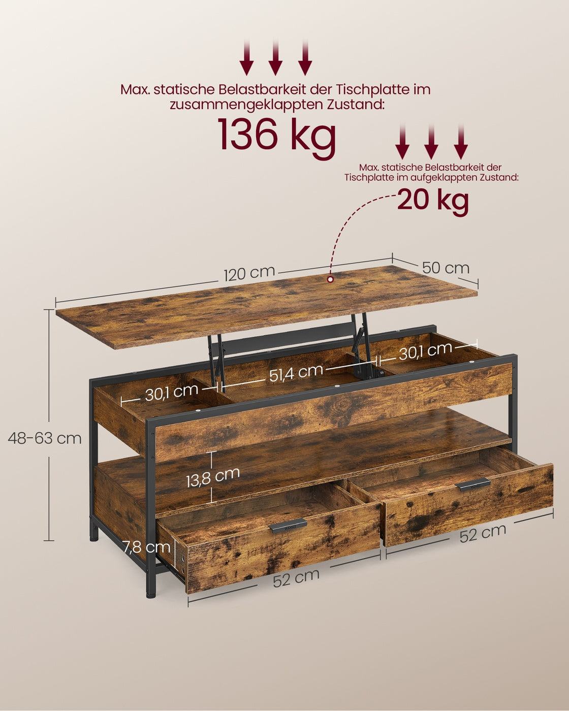 Lift Top Coffee Table with Hidden Compartments Rustic Brown and Ink Black