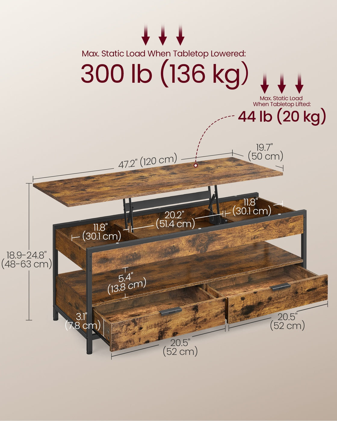 Lift Top Coffee Table with Hidden Compartments Rustic Brown and Ink Black - image 6