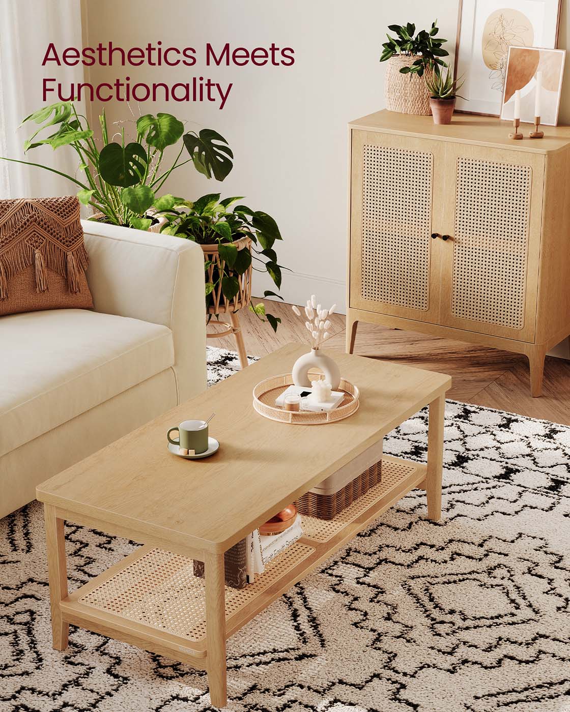 2-Tier Coffee Table for Living Room, Rectangular Living Room Table