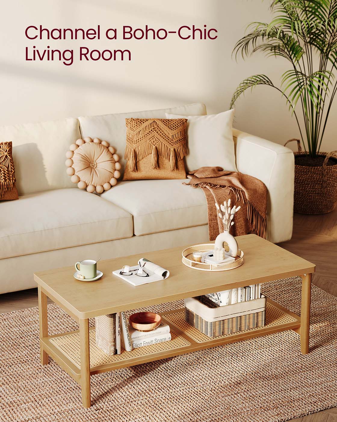 2-Tier Coffee Table for Living Room, Rectangular Living Room Table