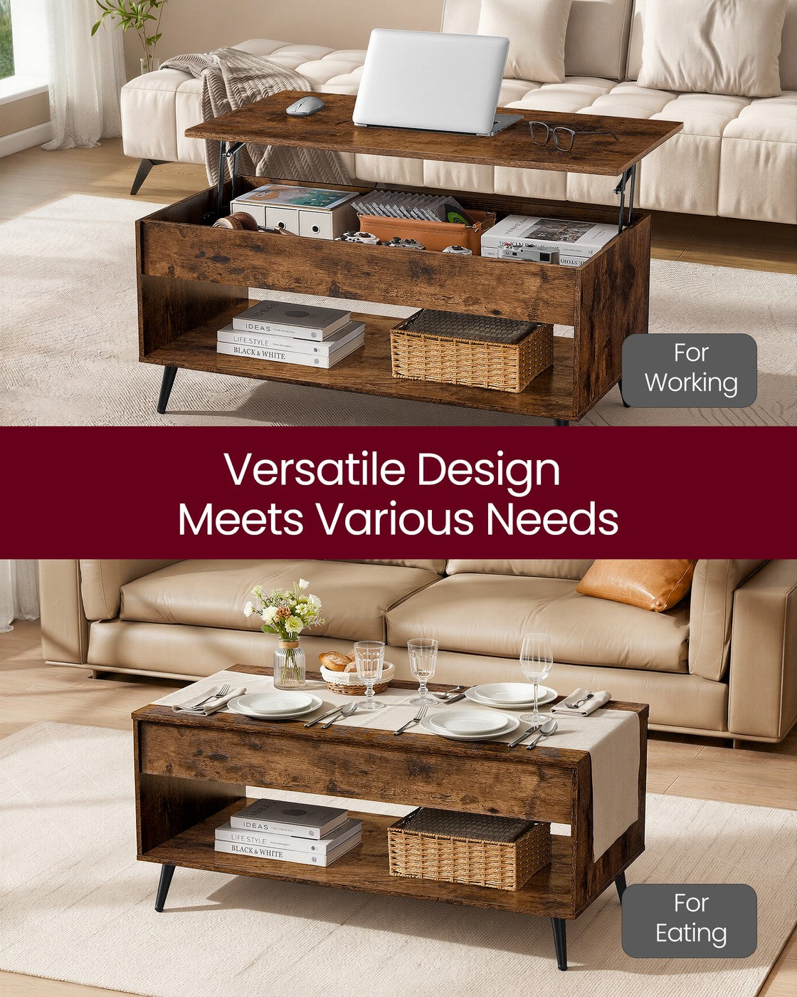 Lift-Top Dining Table with Storage, Brown and Black - image 3
