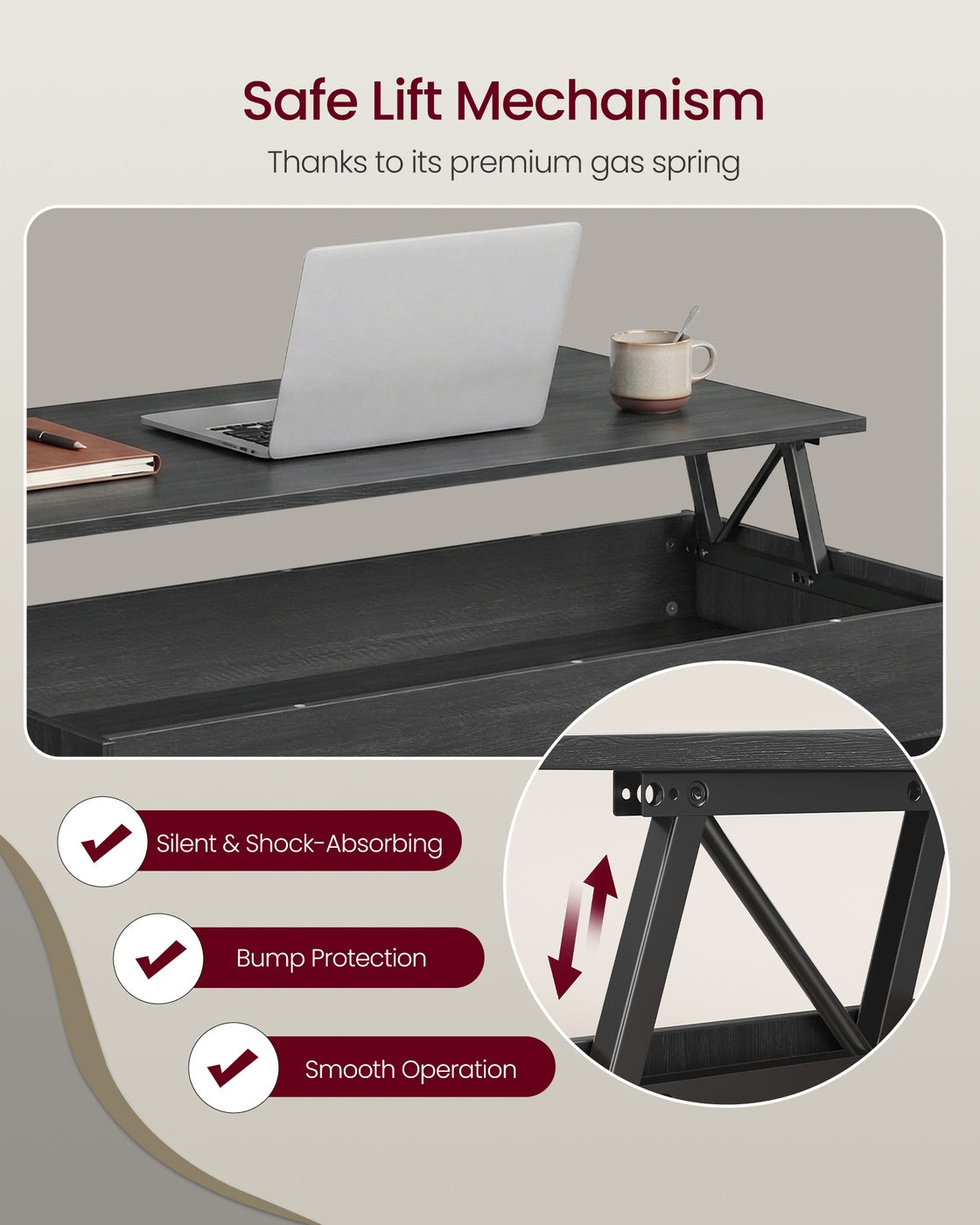 Lift top coffee table with hidden storage for living room - image 3