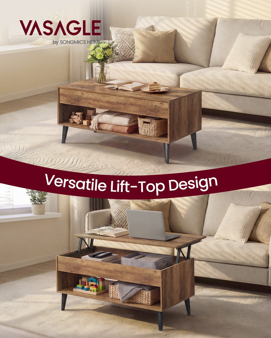Lift top coffee table with hidden storage for living room - image 8