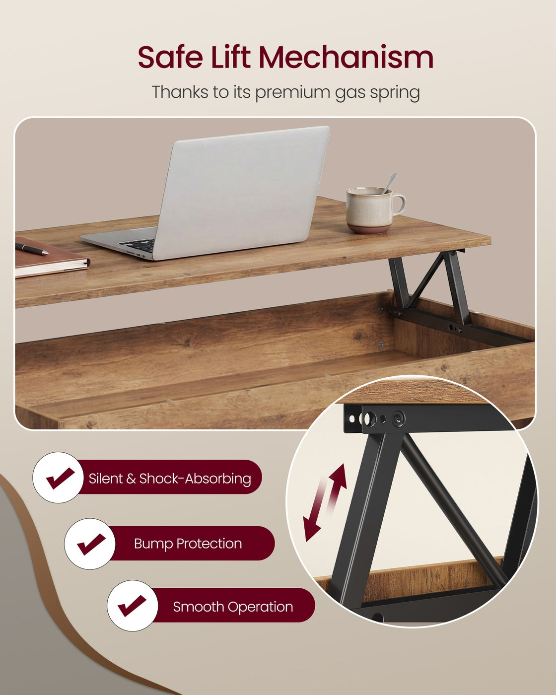 Lift top coffee table with hidden storage for living room - image 9