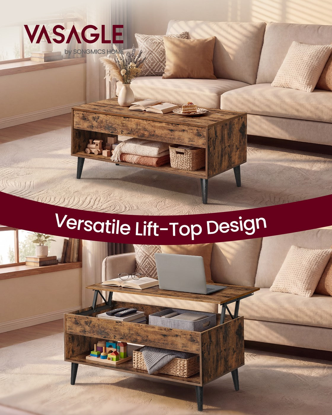 Lift top coffee table with hidden storage for living room - image 14