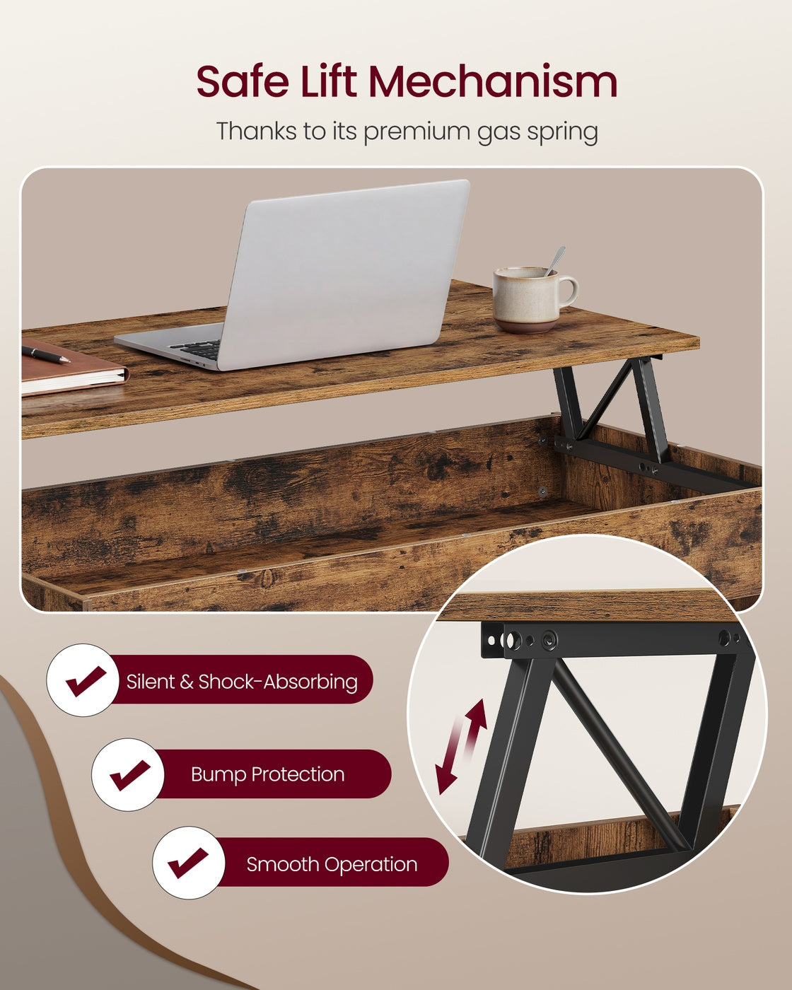Lift top coffee table with hidden storage for living room - image 15