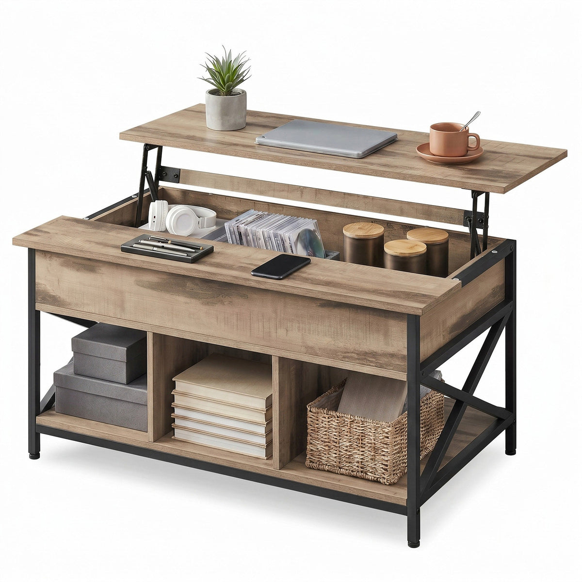 Lift-Top Table Coffee Table for Living Room, Open and Hidden Storage, X-Shaped Bars
