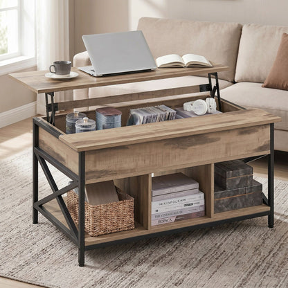 Lift-Top Table Coffee Table for Living Room, Open and Hidden Storage, X-Shaped Bars