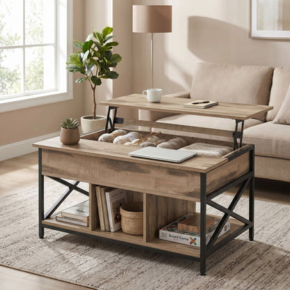 Lift-Top Table Coffee Table for Living Room, Open and Hidden Storage, X-Shaped Bars