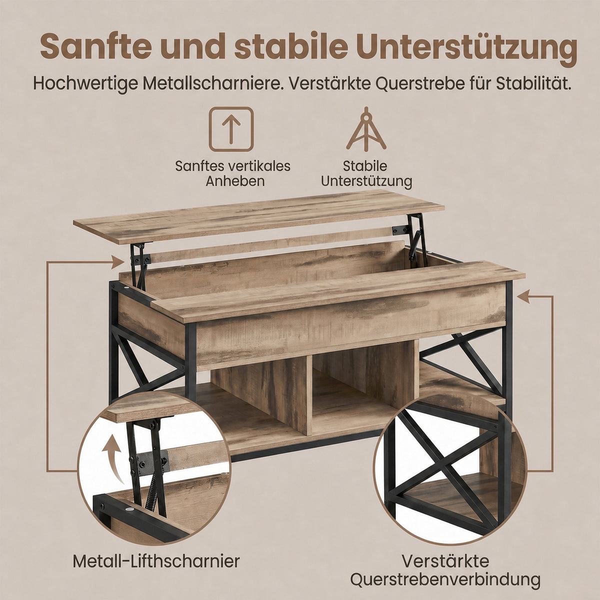 Lift-Top Table Coffee Table for Living Room, Open and Hidden Storage, X-Shaped Bars