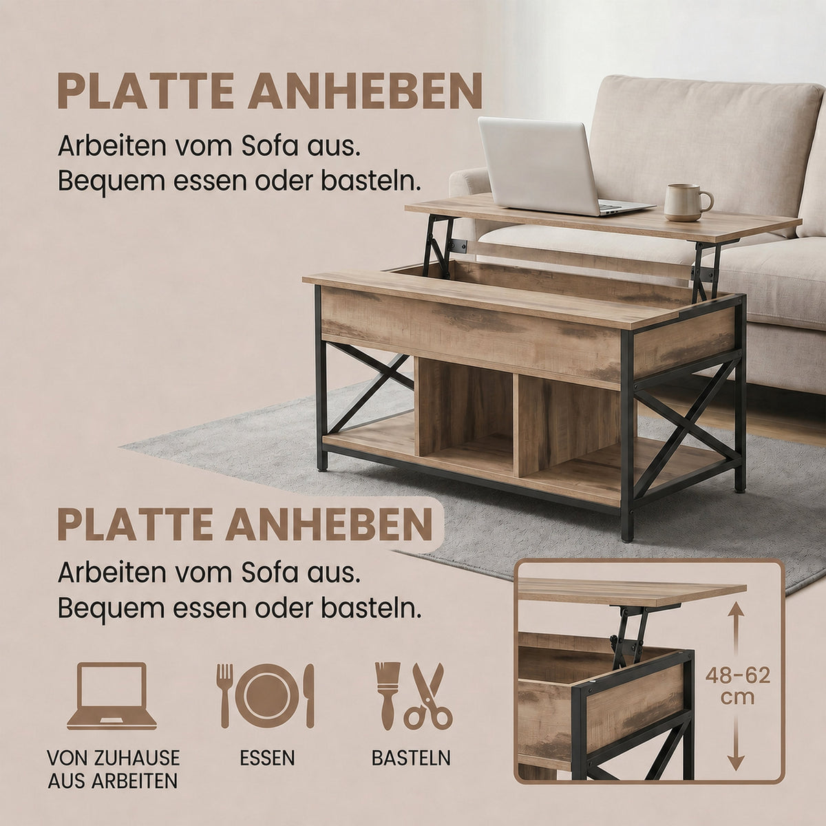 Lift-Top Table Coffee Table for Living Room, Open and Hidden Storage, X-Shaped Bars