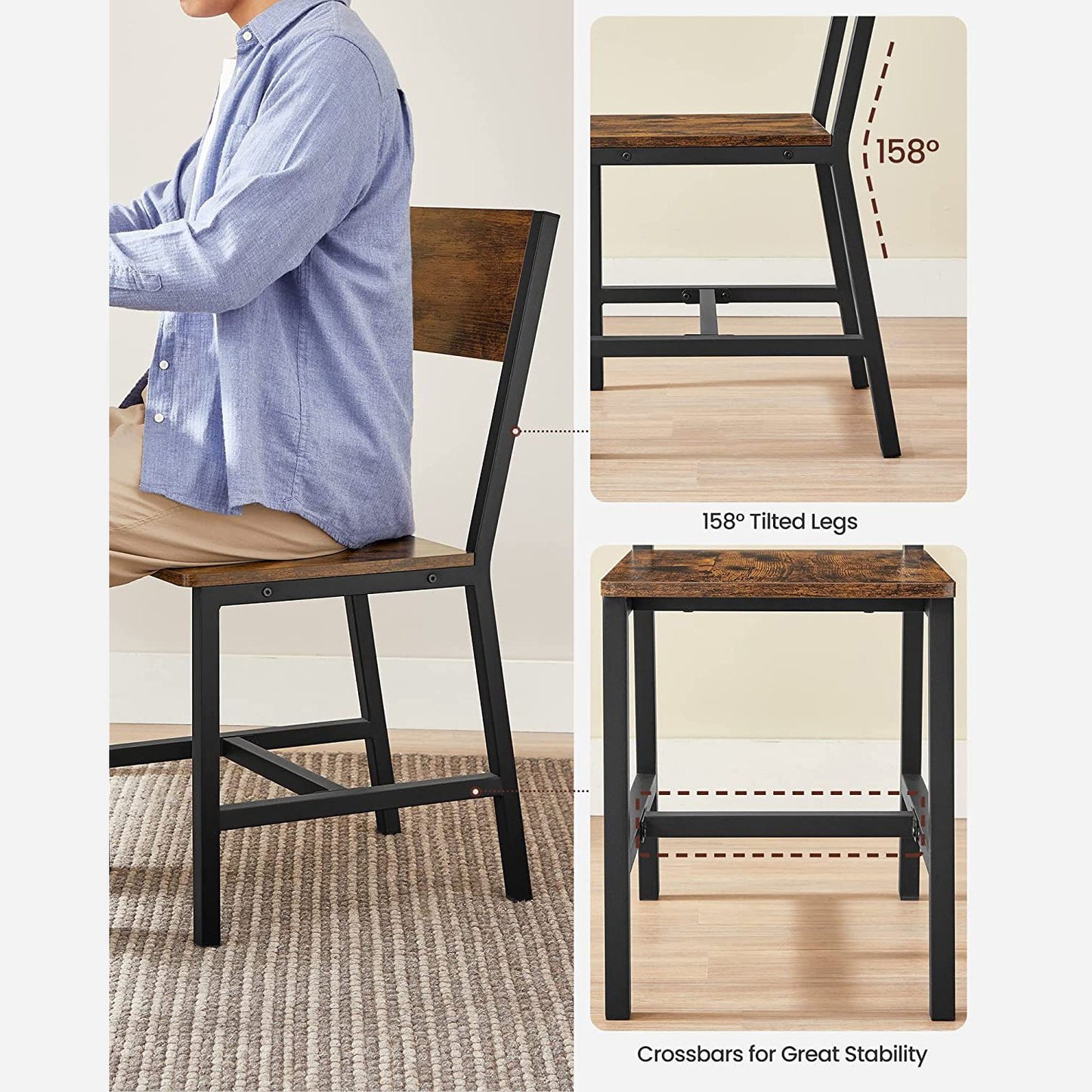 Dining Chair Set of 2, Industrial Accent Chairs, Steel Frame, for Dining Room, Living Room, Kitchen, Rustic Brown and Black