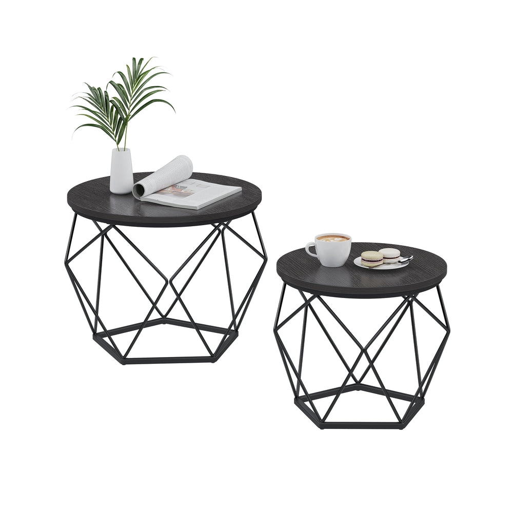 Round Coffee Table with Steel Frame Set of 2 - Charcoal Gray + Ink Black / 19.7"D x 19.7"W x 15.7"H
