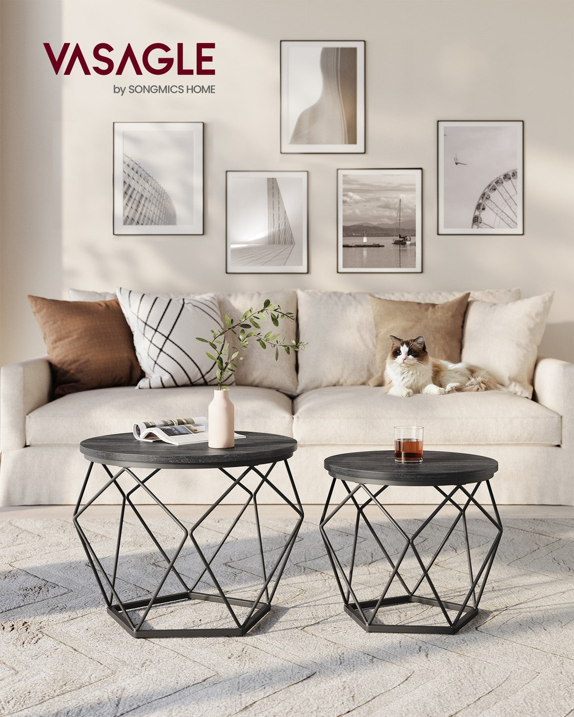 Round Coffee Table with Steel Frame Set of 2