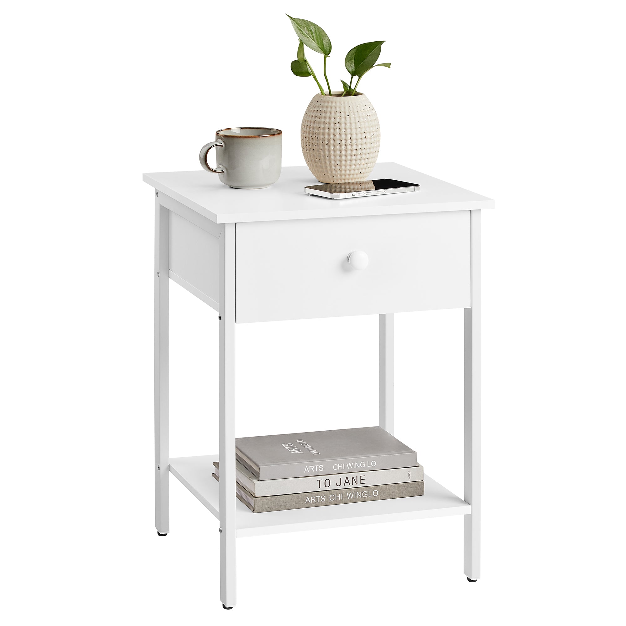 Nightstand, End Table, Side Table with Drawer and Shelf, 15.7 x 15.7 x 21.7 Inches, Bedroom, Steel Frame, Easy Assembly, Modern, Matte White