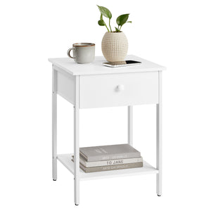 Nightstand, End Table, Side Table with Drawer and Shelf, 15.7 x 15.7 x 21.7 Inches, Bedroom, Steel Frame, Easy Assembly, Modern, Matte White