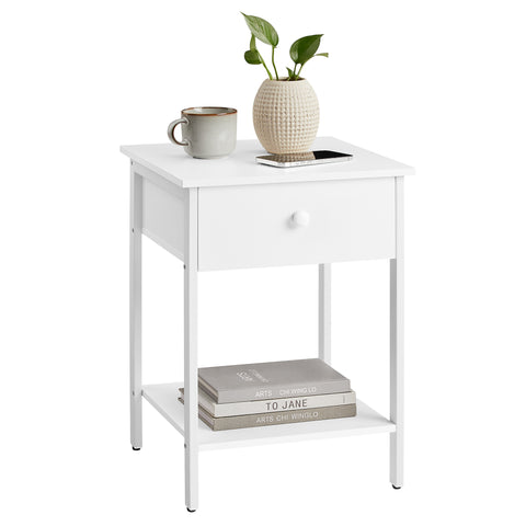 Nightstand, End Table, Side Table with Drawer and Shelf, 15.7 x 15.7 x 21.7 Inches, Bedroom, Steel Frame, Easy Assembly, Modern, Matte White