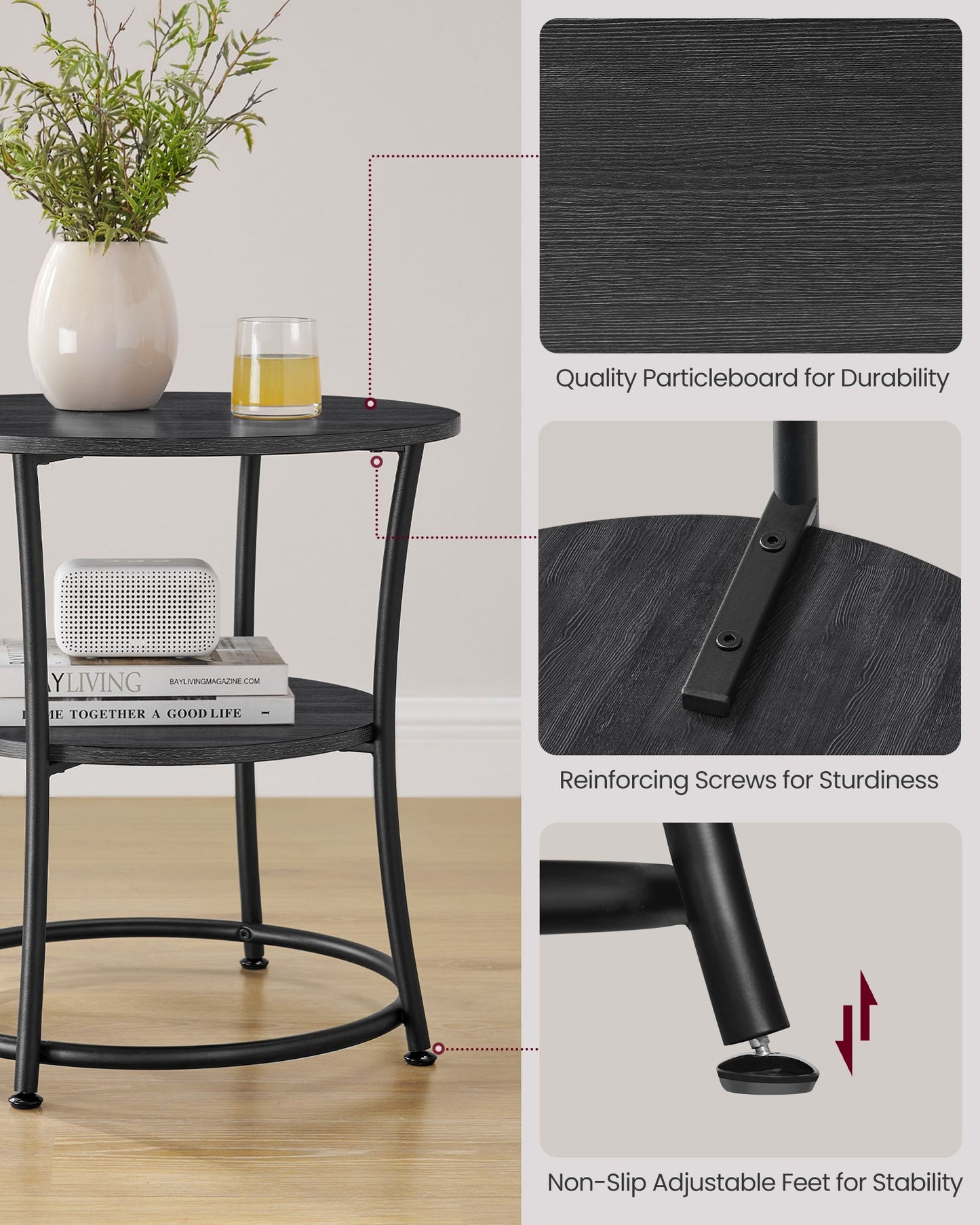 Round End Table with 2 Storage Shelves