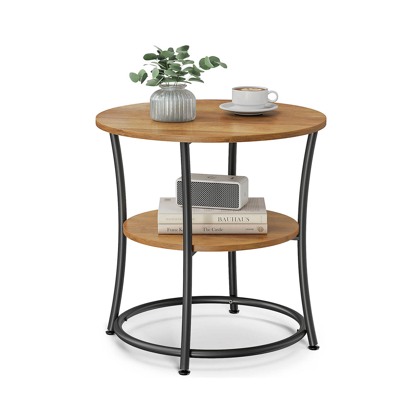 Side Table, Round End Table with 2 Shelves, Living Room, Bedroom, Easy Assembly, Steel Frame, Industrial Design, Rustic Walnut and Black