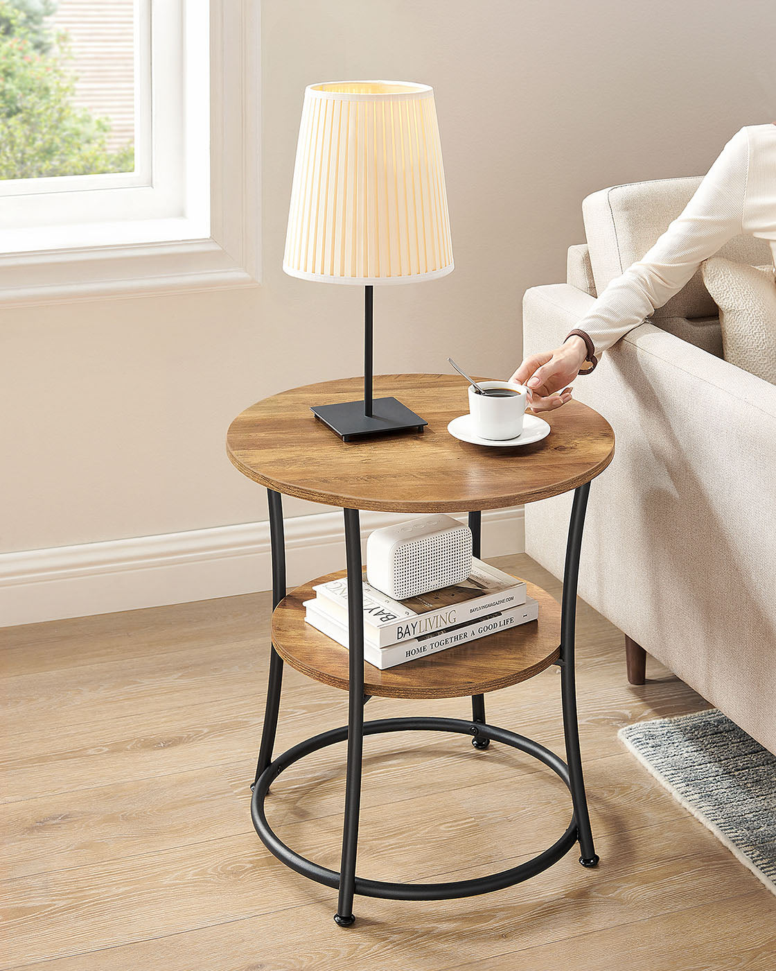 Side Table, Round End Table with 2 Shelves, Living Room, Bedroom, Easy Assembly, Steel Frame, Industrial Design, Rustic Walnut and Black