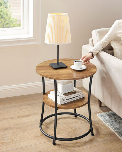 Side Table, Round End Table with 2 Shelves, Living Room, Bedroom, Easy Assembly, Steel Frame, Industrial Design, Rustic Walnut and Black
