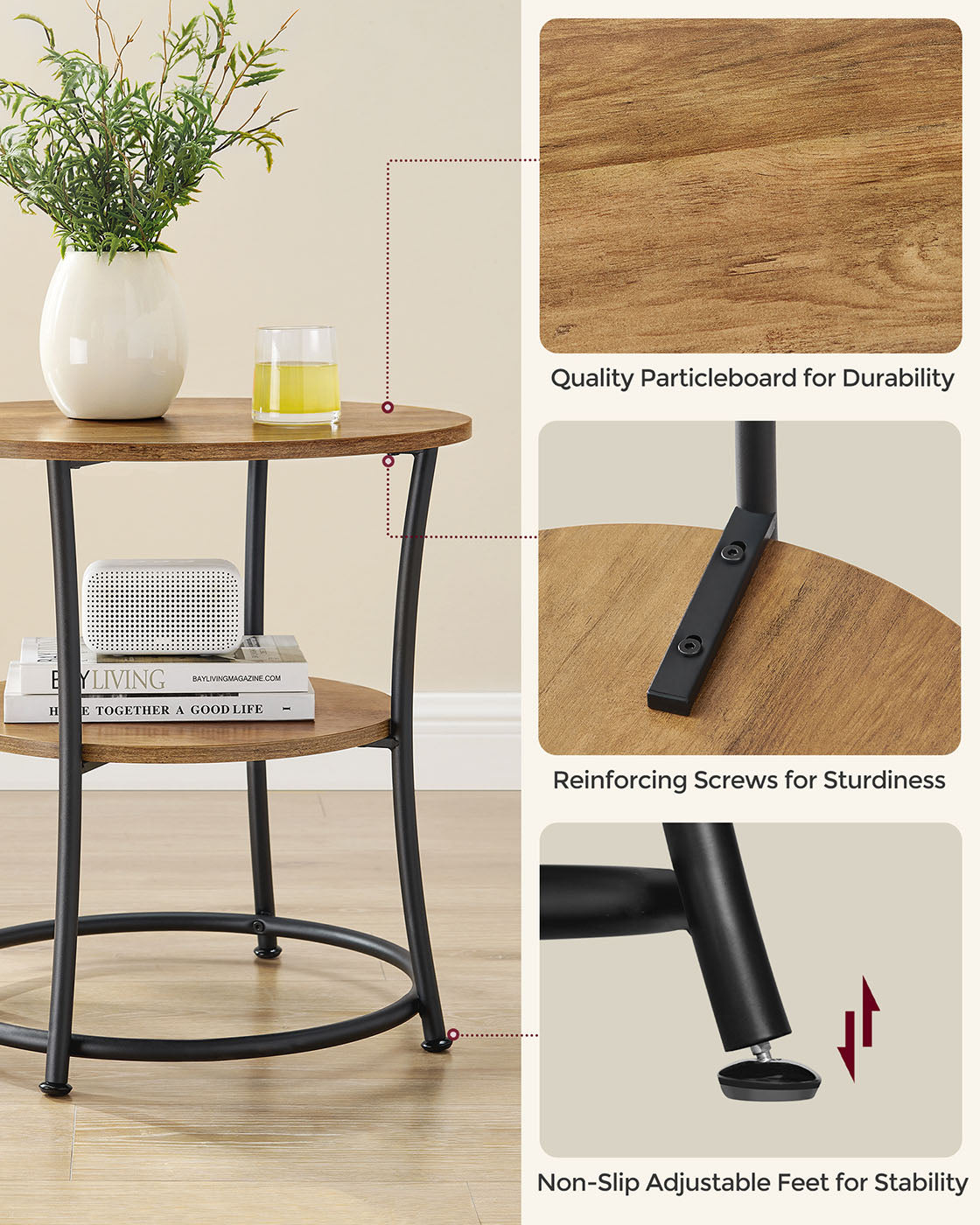 Side Table, Round End Table with 2 Shelves, Living Room, Bedroom, Easy Assembly, Steel Frame, Industrial Design, Rustic Walnut and Black