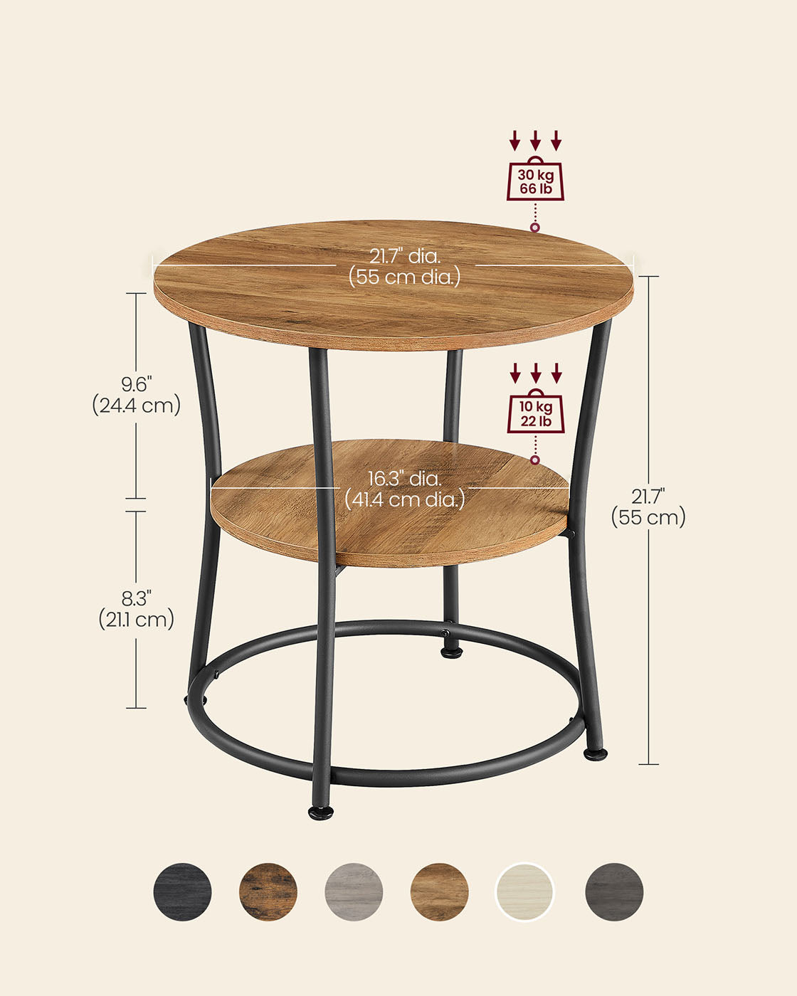 Side Table, Round End Table with 2 Shelves, Living Room, Bedroom, Easy Assembly, Steel Frame, Industrial Design, Rustic Walnut and Black