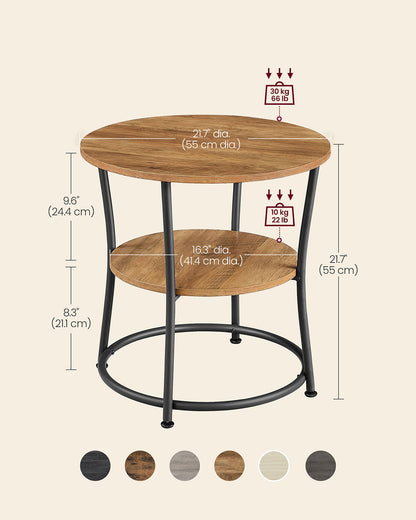 Side Table, Round End Table with 2 Shelves, Living Room, Bedroom, Easy Assembly, Steel Frame, Industrial Design, Rustic Walnut and Black