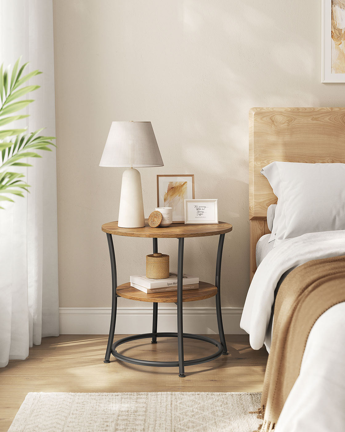 Side Table, Round End Table with 2 Shelves, Living Room, Bedroom, Easy Assembly, Steel Frame, Industrial Design, Rustic Walnut and Black