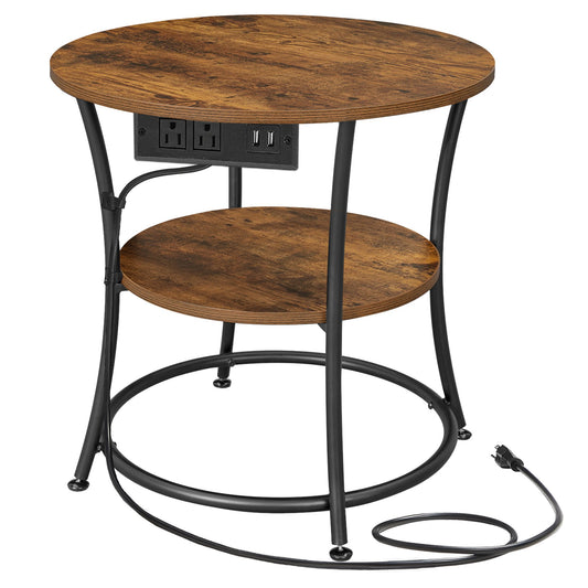 Side Table, 2-Tier Round End Table with Power Outlets