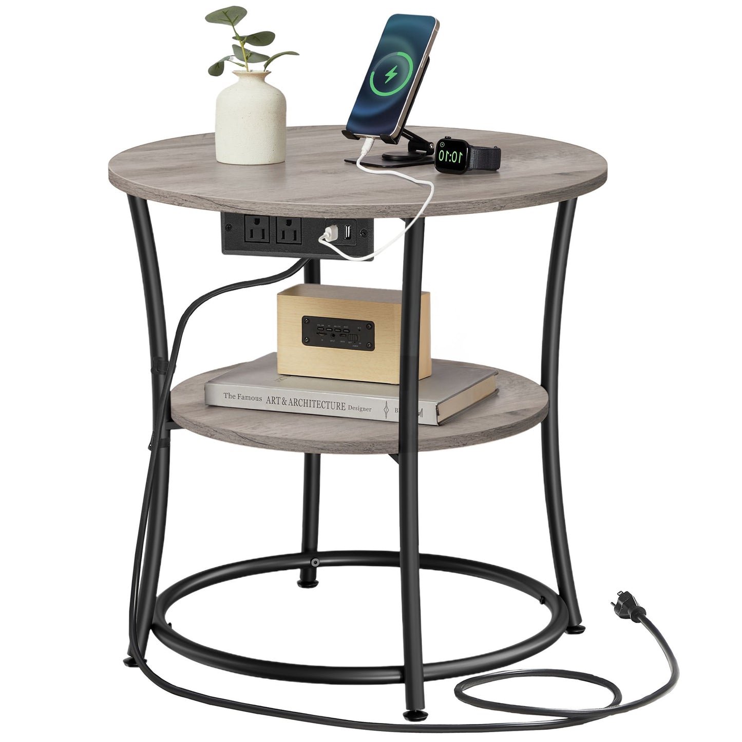 Side Table, 2-Tier Round End Table with Power Outlets