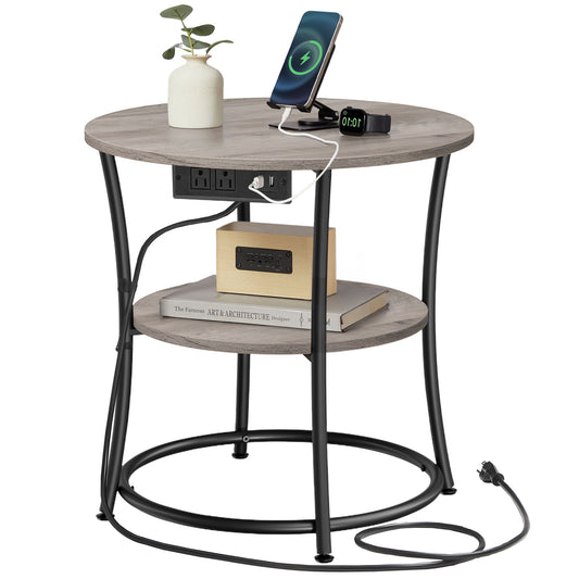 Side Table, 2-Tier Round End Table with Power Outlets