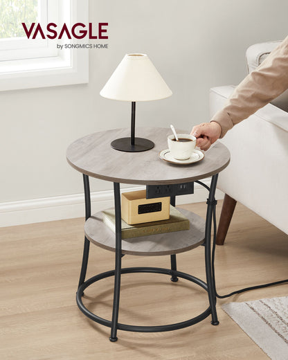 Side Table, 2-Tier Round End Table with Power Outlets