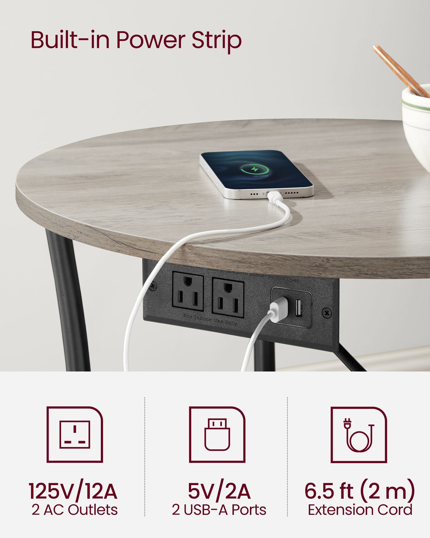 Side Table, 2-Tier Round End Table with Power Outlets