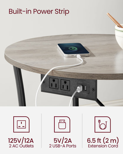 Side Table, 2-Tier Round End Table with Power Outlets