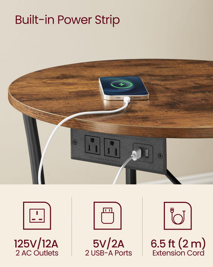 Side Table, 2-Tier Round End Table with Power Outlets