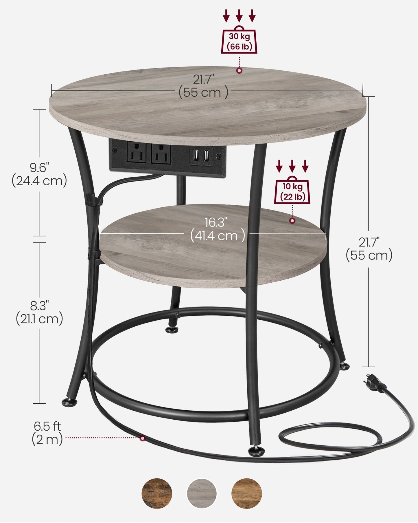 Side Table, 2-Tier Round End Table with Power Outlets