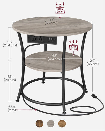 Side Table, 2-Tier Round End Table with Power Outlets