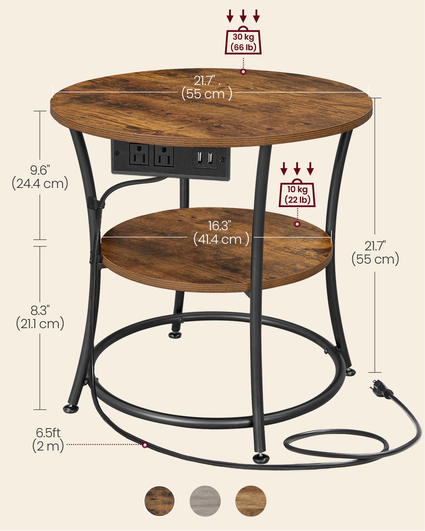 Side Table, 2-Tier Round End Table with Power Outlets